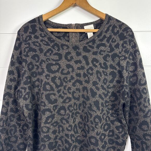 Chico's Leopard Print Long Sleeve Pullover Sweater Metallic Black sz 2 / Large - Picture 2 of 8